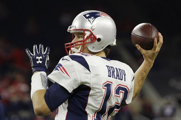New England Patriots quarterback Tom Brady (12) throws during before an NFL football game, Sunday, Dec. 13, 2015, in Houston. (AP Photo/David J. Phillip)