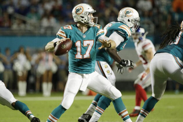 Miami Dolphins quarterback Ryan Tannehill (17) looks to pass during the first half of an NFL football gameagainst the New York Giants, Monday, Dec. 14, 2015, in Miami Gardens, Fla.  (AP Photo/Wilfredo Lee)