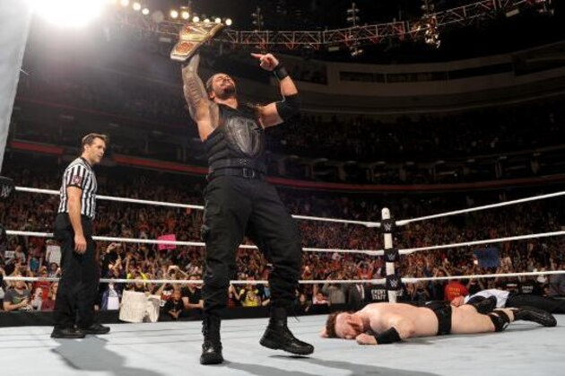 MIAMI, FL- SEPTEMBER 01: Roman Reigns looks on during the WWE Smackdown on September 1, 2015 at the American Airlines Arena in Miami, Florida.  (Photo by Ron ElkmanSports Imagery/Getty Images)