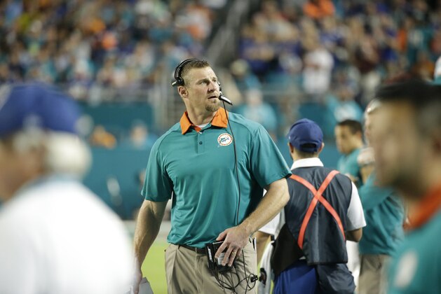 Miami Dolphins interim  head coach Dan Campbell looks up during the first half of an NFL football game against the New York Giants, Monday, Dec. 14, 2015, in Miami Gardens, Fla.  (AP Photo/Wilfredo Lee)