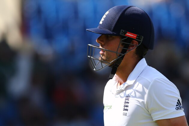 England's Alastair Cook leaves the pitch after he was dismissed during the fifth and last day of the third Test cricket match between Pakistan and England at The Sharjah Cricket Stadium in the Gulf Emirate of Sharjah on November 5, 2015. AFP PHOTO / MARWAN NAAMANI        (Photo credit should read MARWAN NAAMANI/AFP/Getty Images)
