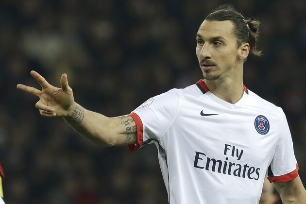 PSG's Zlatan Ibrahimovic gestures,  during the French League One soccer match between Nice and Paris Saint Germain, Friday, Dec. 4, 2015,  in Nice stadium, southeastern France. (AP Photo/Lionel Cironneau)