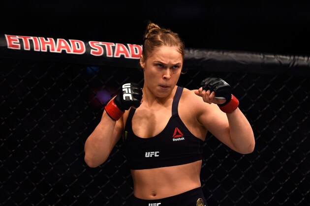 MELBOURNE, AUSTRALIA - NOVEMBER 15:  Ronda Rousey waits in her corner before facing Holly Holm in their women's bantamweight championship bout during the UFC 193 event at Etihad Stadium on November 15, 2015 in Melbourne, Australia. (Photo by Jeff Bottari/Zuffa LLC/Zuffa LLC via Getty Images)