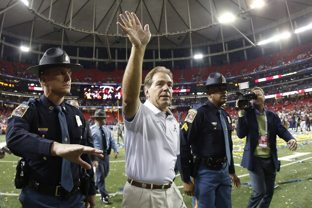 Alabama head coach Nick Saban walks off the field after the second half of the Southeastern Conference championship NCAA college football game against Florida, Saturday, Dec. 5, 2015, in Atlanta. Alabama won 29.15. (AP Photo/John Bazemore)