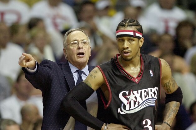 Philadephia 76er head coach Larry Brown instructs his team alongside guard Allen Iverson during the fourth quarter against the Detroit Pistons in game 1 of the Eastern Conference semi finals in Auburn Hills, Mich., May 6, 2003. The Pistons defeated the 76ers 98-87. (AP Photo/Paul Sancya)