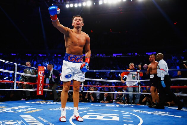 NEW YORK, NY - OCTOBER 17:  Gennady Golovkin celebrates his eigth round tko against  David Lemieux during their WBA/WBC interim/IBF middleweight title unification bout at Madison Square Garden on October 17, 2015 in New York City.  (Photo by Al Bello/Getty Images)