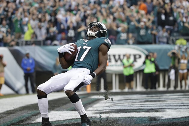 Philadelphia Eagles' Nelson Agholor reacts after scoring a touchdown during the first half of an NFL football game against the Buffalo Bills, Sunday, Dec. 13, 2015, in Philadelphia. (AP Photo/Matt Rourke)