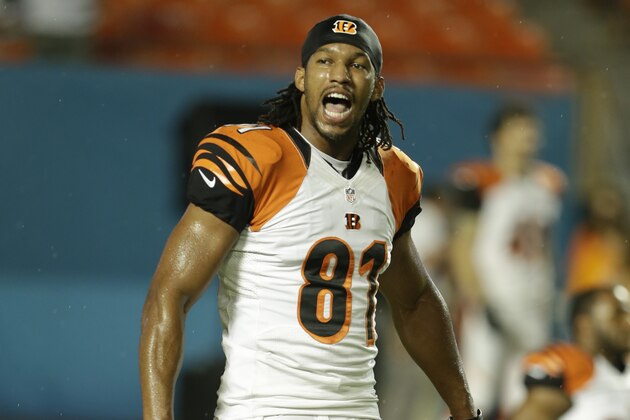 Cincinnati Bengals tight end Alex Smith (81) warms up before an NFL football game against the Miami Dolphins, Thursday, Oct. 31, 2013, in Miami Gardens, Fla. (AP Photo/Lynne Sladky)