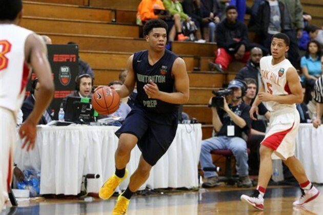 Huntington Prep's Miles Bridges #1 in action against Oak Hill Academy in the DICK'S Sporting Goods High School National Basketball Tournament on Friday, April  3, 2015 in Queens, NY. Oak Hill Academy won the game to advance to the finals.  (AP Photo/Gregory Payan)