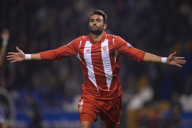 Sevilla's midfielder Iborra celebrates after scoring a goal during the Spanish league football match RC Deportivo de la Coruna vs Sevilla FC at the Municipal de Riazor stadium in La Coruna on December 5, 2015.   AFP PHOTO / MIGUEL RIOPA / AFP / MIGUEL RIOPA        (Photo credit should read MIGUEL RIOPA/AFP/Getty Images)