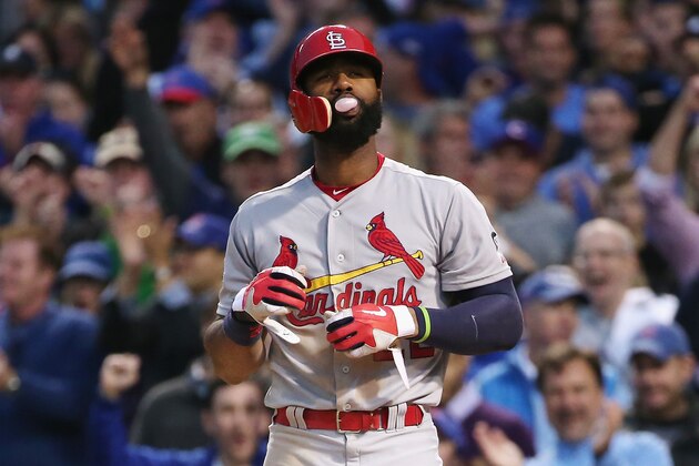 CHICAGO, IL - OCTOBER 13:  Jason Heyward #22 of the St. Louis Cardinals reacts after striking out in the seventh inning against the Chicago Cubs during game four of the National League Division Series at Wrigley Field on October 13, 2015 in Chicago, Illinois.  (Photo by Jonathan Daniel/Getty Images)