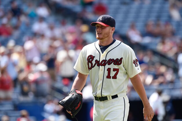 Aug 16, 2015; Atlanta, GA, USA; Atlanta Braves starting pitcher Shelby Miller (17) reacts after being removed from the game against the Arizona Diamondbacks during the eighth inning at Turner Field. Mandatory Credit: Dale Zanine-USA TODAY Sports