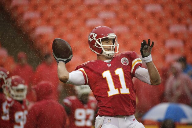 Kansas City Chiefs quarterback Alex Smith (11) throws before an NFL football game against the San Diego Chargers in Kansas City, Mo., Sunday, Dec. 13, 2015. (AP Photo/Charlie Riedel)