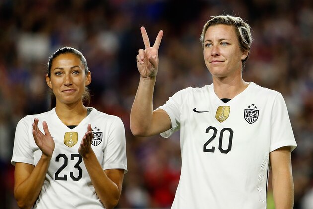 GLENDALE, AZ - DECEMBER 13:  Abby Wambach #20 of the United States is introduced before the women's soccer match against China at University of Phoenix Stadium on December 13, 2015 in Glendale, Arizona. USA defeated China 2-0.  (Photo by Christian Petersen/Getty Images)