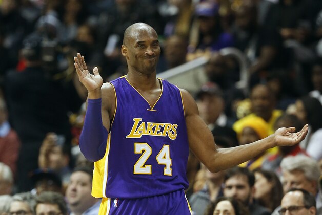 Los Angeles Lakers forward Kobe Bryant (24) reacts after missing a basket in the first half of an NBA basketball game against the Atlanta Hawks, Friday, Dec. 4, 2015, in Atlanta. Bryant has announced that he plans to retire at the end of the season. (AP Photo/John Bazemore)
