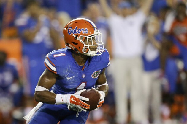 Florida defensive back Vernon Hargreaves III (1) runs after intercepting a pass against New Mexico State during the second half of an NCAA college football game, Saturday, Sept. 5, 2015, in Gainesville, Fla. Florida won 61-13. (AP Photo/John Raoux)