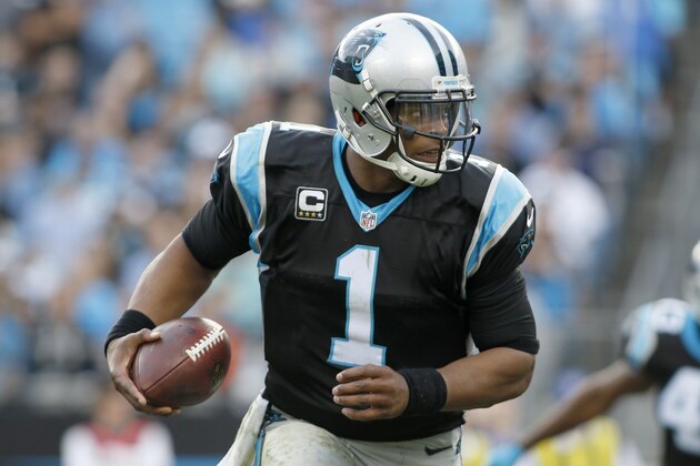 Carolina Panthers' Cam Newton (1) looks to scramble during the second half of an NFL football game against the Atlanta Falcons in Charlotte, N.C., Sunday, Dec. 13, 2015.  The Carolina Panthers won 38-0.(AP Photo/Bob Leverone)