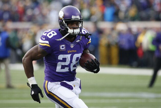 Minnesota Vikings running back Adrian Peterson (28) before an NFL football game against the Green Bay Packers in Minneapolis, Sunday, Nov. 22, 2015. (AP Photo/Ann Heisenfelt)