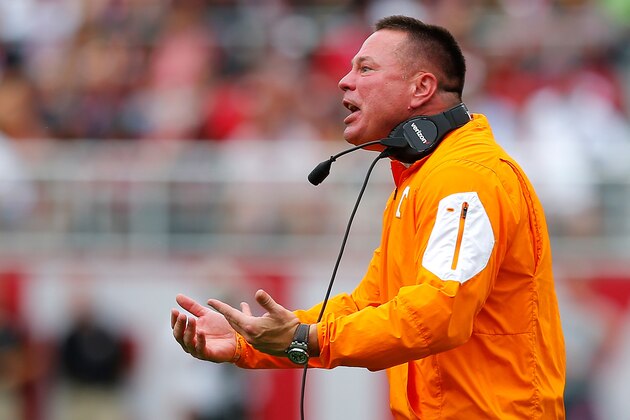 TUSCALOOSA, AL - OCTOBER 24:  Head coach Butch Jones of the Tennessee Volunteers reacts to a call during the game against the Alabama Crimson Tide at Bryant-Denny Stadium on October 24, 2015 in Tuscaloosa, Alabama.  (Photo by Kevin C. Cox/Getty Images)