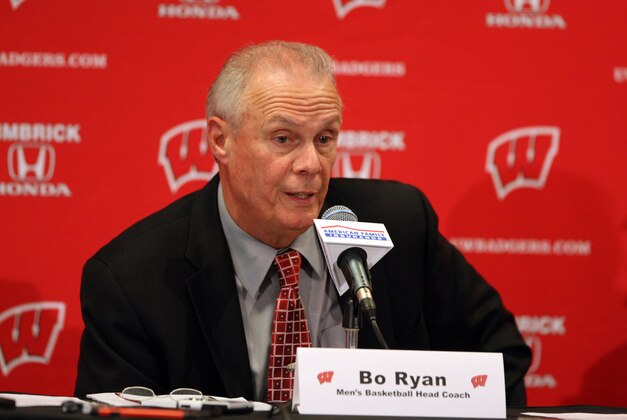 Nov 13, 2015; Madison, WI, USA; Wisconsin Badgers head coach Bo Ryan talks to the media during the post-game news conference after the game with the Western Illinois Leathernecks at the Kohl Center. Western Illinois defeated Wisconsin 69-67. Mandatory Credit: Mary Langenfeld-USA TODAY Sports
