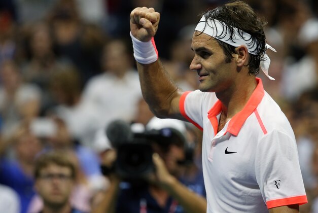Roger Federer, of Switzerland, reacts after beating Richard Gasquet, of France, during a quarterfinal match at the U.S. Open tennis tournament, Wednesday, Sept. 9, 2015, in New York. (AP Photo/Adam Hunger)