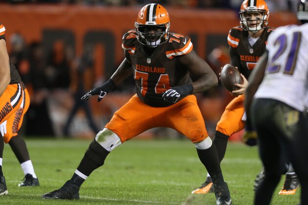 Cleveland Browns offensive tackle Cameron Erving (74) against the Baltimore Ravens in the second half of an NFL football game, Monday, Nov. 30, 2015, in Cleveland. (AP Photo/Ron Schwane)