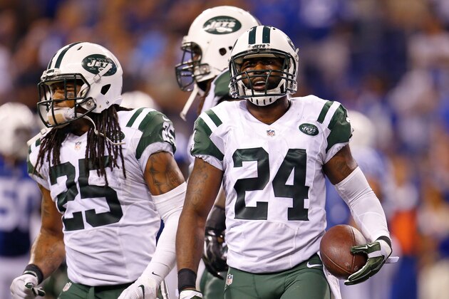 New York Jets cornerback Darrelle Revis (24) with the ball during an NFL football game against the Indianapolis Colts in Indianapolis, Monday, Sept. 21, 2015. (Jeff Haynes/AP Images for Panini)