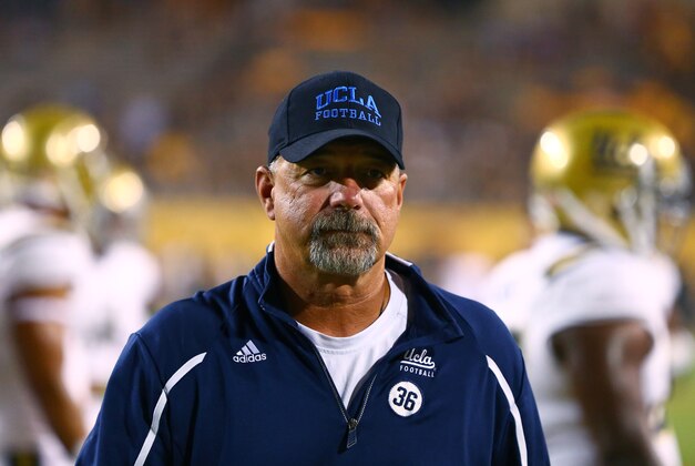 Sep 25, 2014; Tempe, AZ, USA; UCLA Bruins offensive coordinator Noel Mazzone against the Arizona State Sun Devils at Sun Devil Stadium. Mandatory Credit: Mark J. Rebilas-USA TODAY Sports