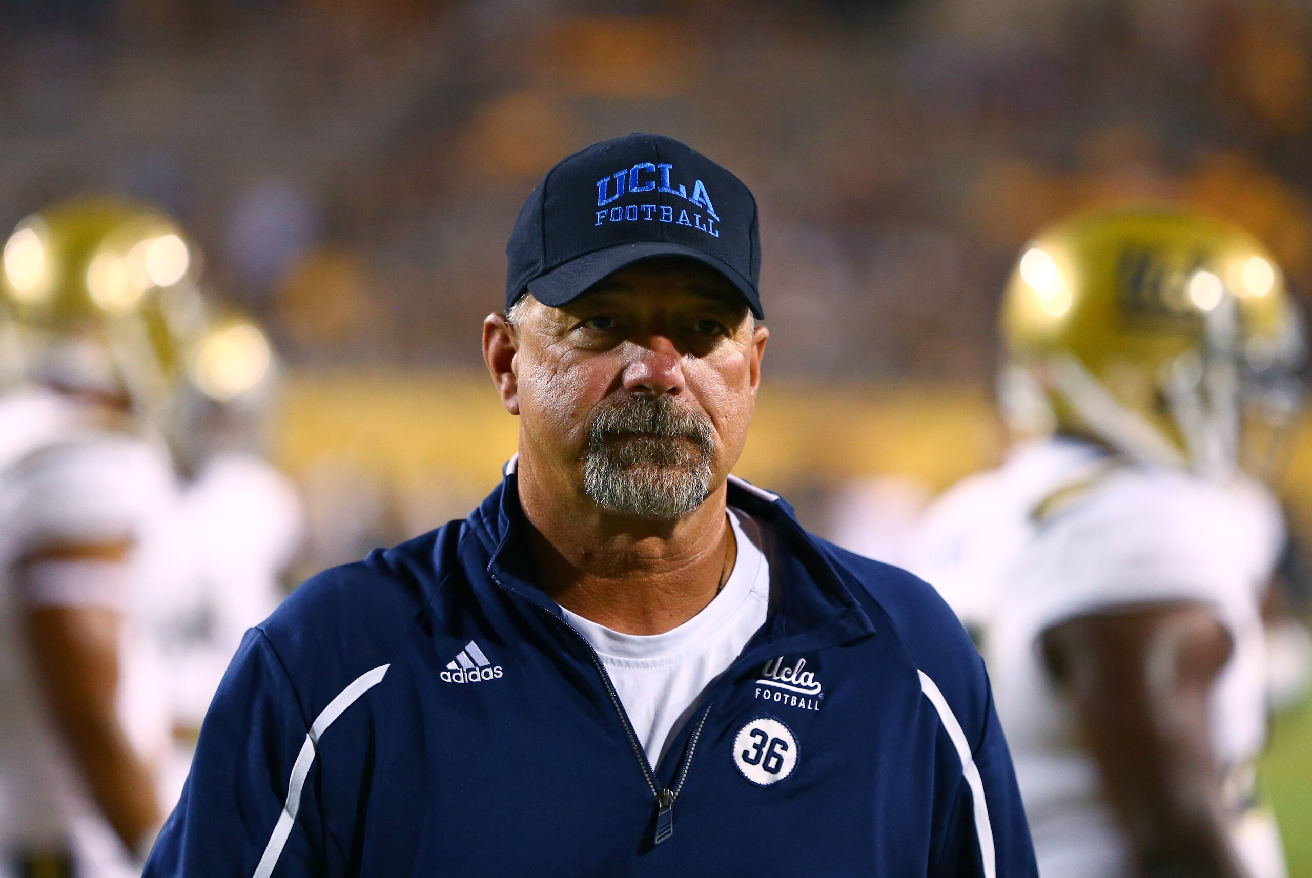 Sep 25, 2014; Tempe, AZ, USA; UCLA Bruins offensive coordinator Noel Mazzone against the Arizona State Sun Devils at Sun Devil Stadium. Mandatory Credit: Mark J. Rebilas-USA TODAY Sports