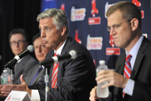 From left, Red Sox Owner John Henry, Chairman Tom Werner, Newly named President of Baseball Operations Dave Dombrowski, and Chief Operating Officer Dan Kennedy, meet with reporters during a news conference where Dombrowski was introduced at Fenway Park as the new Boston Red Sox president of baseball operations Wednesday, Aug. 19, 2015, in Boston. (AP Photo/Josh Reynolds)