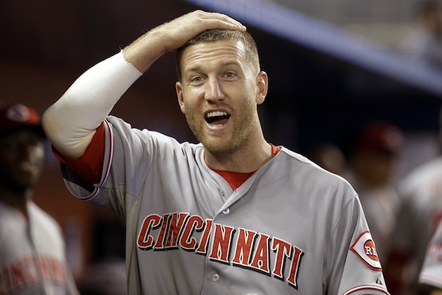 Cincinnati Reds third baseman Todd Frazier reacts before a baseball game against the Miami Marlins, Friday, July 10, 2015, in Miami. (AP Photo/Lynne Sladky)