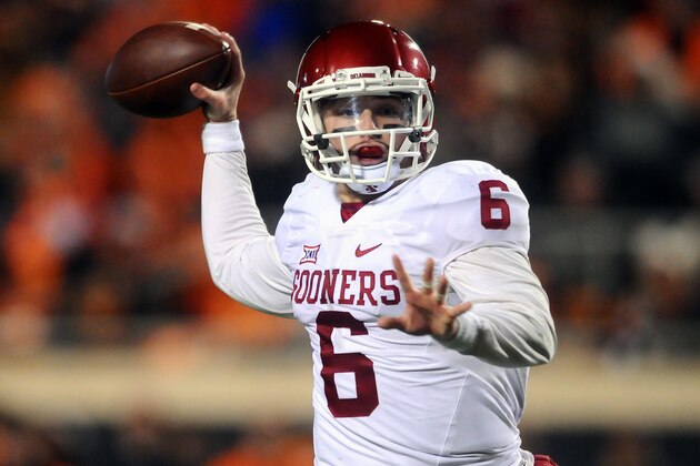 STILLWATER OK,  - NOVEMBER 28: Quarterback Baker Mayfield #6 of the Oklahoma Sooners throws a touchdown pass against the Oklahoma State Cowboys on November 28, 2015 at Boone Pickens Stadium in Stillwater, Oklahoma.  (Photo by Jackson Laizure/Getty Images)