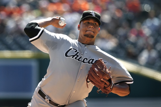 Chicago White Sox pitcher Frankie Montas throws against the Detroit Tigers in the first inning of a baseball game in Detroit, Wednesday, Sept. 23, 2015. (AP Photo/Paul Sancya)