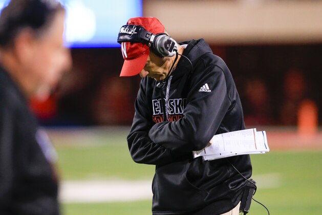 Nebraska head coach Mike Riley looks down during the first half of an NCAA college football game against Michigan State in Lincoln, Neb., Saturday, Nov. 7, 2015. (AP Photo/Nati Harnik)