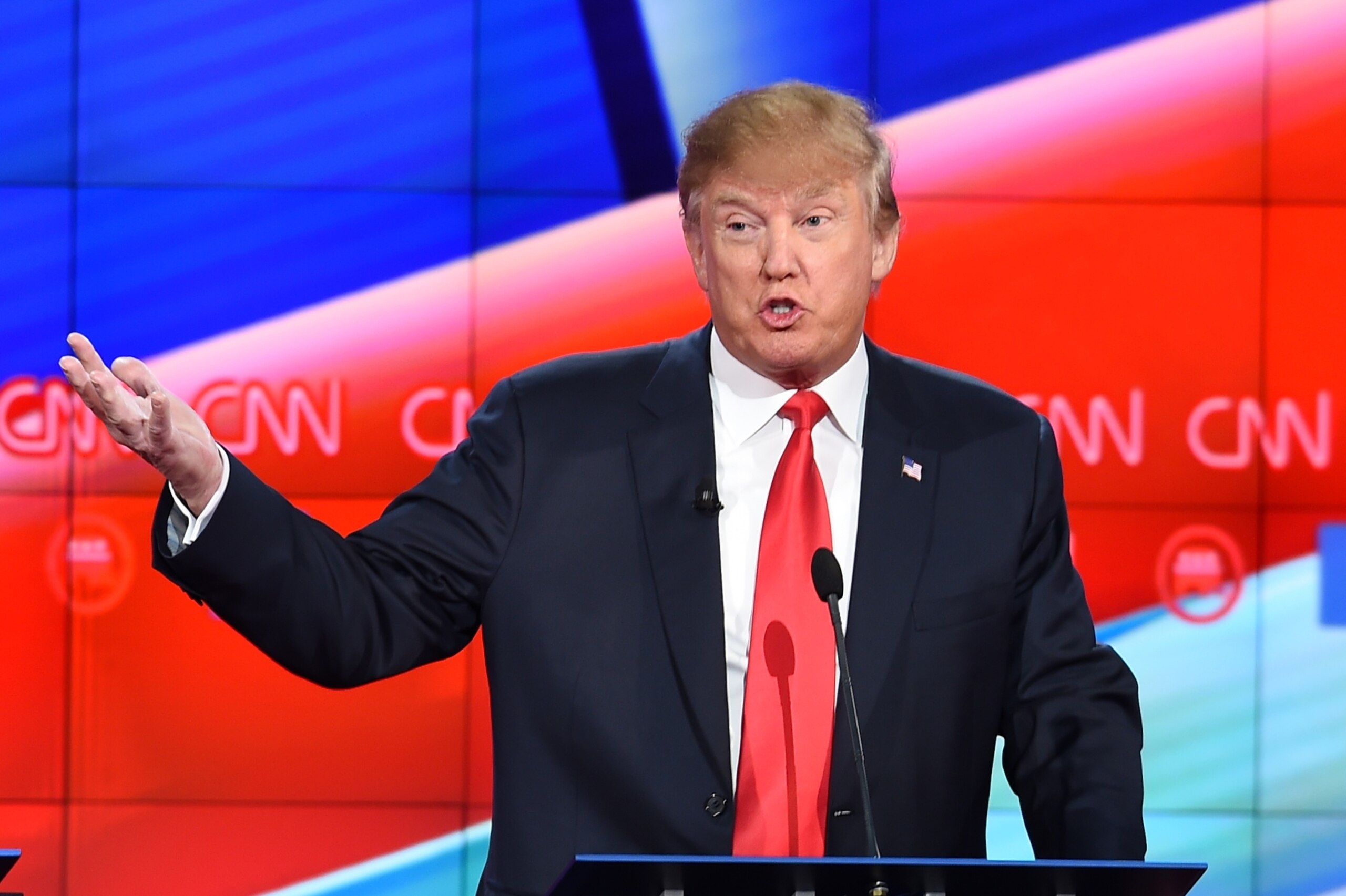 Republican presidential candidate, businessman Donald Trump, speaks during the Republican Presidential Debate, hosted by CNN, at The Venetian Las Vegas on December 15, 2015 in Las Vegas, Nevada. AFP PHOTO/ ROBYN BECK / AFP / ROBYN BECK (Photo credit should read ROBYN BECK/AFP/Getty Images) Republican presidential candidate, businessman Donald Trump, speaks during the Republican Presidential Debate, hosted by CNN, at The Venetian Las Vegas on December 15, 2015 in Las Vegas, Nevada. AFP PHOTO/ ROBYN BECK / AFP / ROBYN BECK (Photo credit should read ROBYN BECK/AFP/Getty Images)