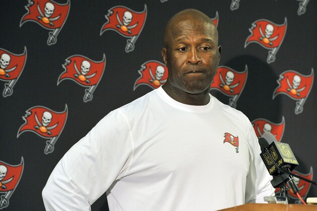 Tampa Bay Buccaneers head coach Lovie Smith during a post game news conference following the team's 24-17 loss to the New Orleans Saints in an NFL football game Sunday, Dec. 13, 2015, in Tampa, Fla. (AP Photo/Steve Nesius)