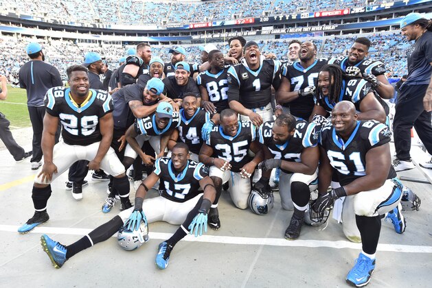 Dec 13, 2015; Charlotte, NC, USA; Carolina Panthers celebrate toward the end of the game. The Panthers defeated the Falcons 38-0 at Bank of America Stadium. Mandatory Credit: Bob Donnan-USA TODAY Sports