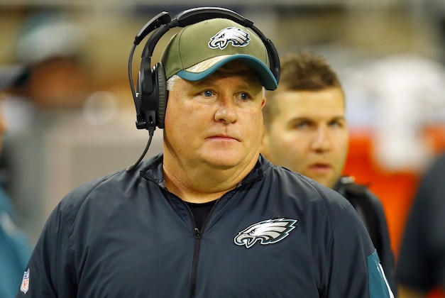 Philadelphia Eagles head coach Chip Kelly watch his team before they play the Detroit Lions in an NFL football game, Thursday, Nov. 26, 2015, in Detroit. The Lions won the game 45-14.  (Jeff Haynes/AP Images for Panini)