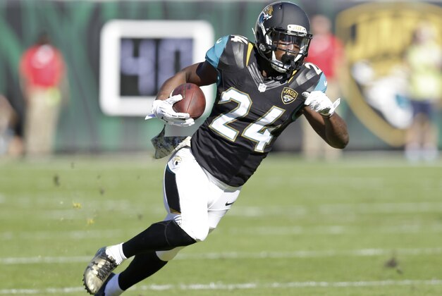 Jacksonville Jaguars running back T.J. Yeldon (24) runs for yardage against the San Diego Chargers after a reception during the first half of an NFL football game in Jacksonville, Fla., Sunday, Nov. 29, 2015.(AP Photo/John Raoux)