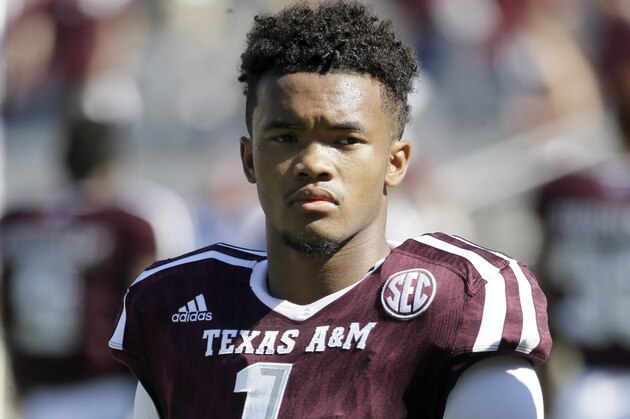 Texas A&M quarterback Kyler Murray (1) waits to sing a school song before an NCAA college football game against Nevada Saturday, Sept. 19, 2015, in College Station, Texas. (AP Photo/David J. Phillip)