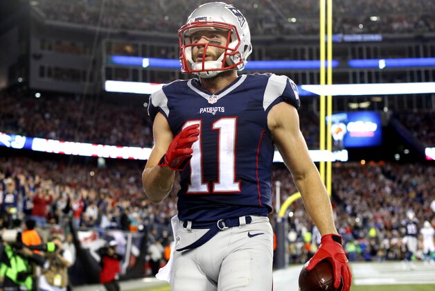 New England Patriots wide receiver Julian Edelman after scoring a touchdown against the Miami Dolphins during a NFL football game at Gillette Stadium in Foxborough, Mass. Thursday, Oct. 29, 2015. (Winslow Townson/AP Images for Panini)