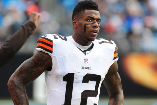 CHARLOTTE, NC - DECEMBER 21: Josh Gordon #12 of the Cleveland Browns watches the action against the Carolina Panthers on December 21, 2014 at Bank of America Stadium in Charlotte, North Carolina.  (Photo by Scott Cunningham/Getty Images)