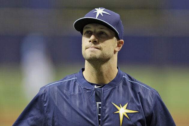 New Tampa Bay Rays right fielder Daniel Nava before an interleague baseball game against the New York Mets Friday, Aug. 7, 2015, in St. Petersburg, Fla. Nava was picked up by the Rays after being waived by the Boston Red Sox. (AP Photo/Chris O'Meara)