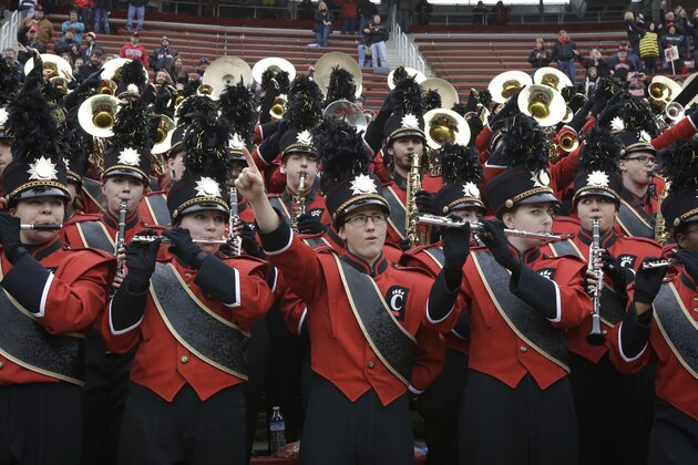 The Cincinnati Bearcats marching band plays after the second half of an NCAA college football game against UCF, Saturday, Oct. 31, 2015, in Cincinnati. Cincinnati won 52-7. (AP Photo/John Minchillo)