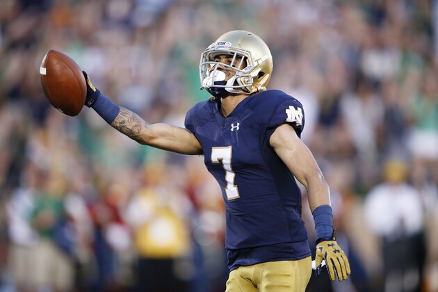SOUTH BEND, IN - SEPTEMBER 5: Will Fuller #7 of the Notre Dame Fighting Irish celebrates after a 16-yard touchdown reception during a game against the Texas Longhorns at Notre Dame Stadium on September 5, 2015 in South Bend, Indiana. Notre Dame defeated Texas 38-3. (Photo by Joe Robbins/Getty Images)