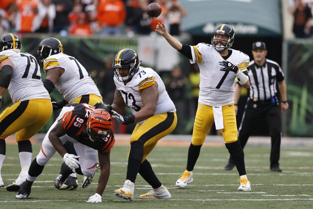 Pittsburgh Steelers quarterback Ben Roethlisberger (7) throws in the second half of an NFL football game against the Cincinnati Bengals, Sunday, Dec. 13, 2015, in Cincinnati. (AP Photo/Gary Landers) Pittsburgh Steelers quarterback Ben Roethlisberger (7) throws in the second half of an NFL football game against the Cincinnati Bengals, Sunday, Dec. 13, 2015, in Cincinnati. (AP Photo/Gary Landers)