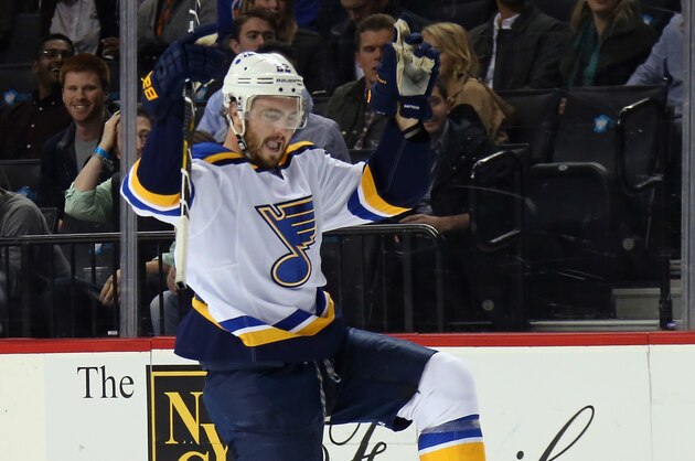 NEW YORK, NY - DECEMBER 04:  Kevin Shattenkirk #22 of the St. Louis Blues celebrates his goal at 19:33 of the first period against the New York Islanders at the Barclays Center on December 4, 2015 in Brooklyn borough of New York City.  (Photo by Bruce Bennett/Getty Images)