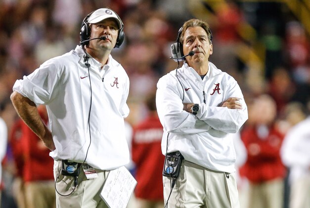 Nov 8, 2014; Baton Rouge, LA, USA; Alabama Crimson Tide head coach Nick Saban and defensive coordinator Kirby Smart during the first quarter of a game against the LSU Tigers at Tiger Stadium. Mandatory Credit: Derick E. Hingle-USA TODAY Sports