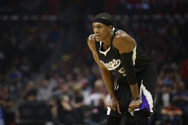 Sacramento Kings' Rajon Rondo looks on during the first half of an NBA basketball game against the Los Angeles Clippers, Saturday, Oct. 31, 2015, in Los Angeles. (AP Photo/Jae C. Hong)