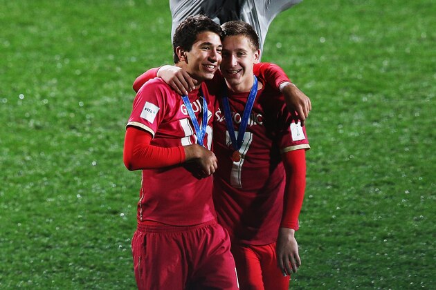 AUCKLAND, NEW ZEALAND - JUNE 20:  Marko Grujic of Serbia and Ivan Saponjic of Serbia celebrate after winning the FIFA U-20 World Cup Final match between Brazil and Serbia at North Harbour Stadium on June 20, 2015 in Auckland, New Zealand.  (Photo by Hannah Peters/Getty Images)